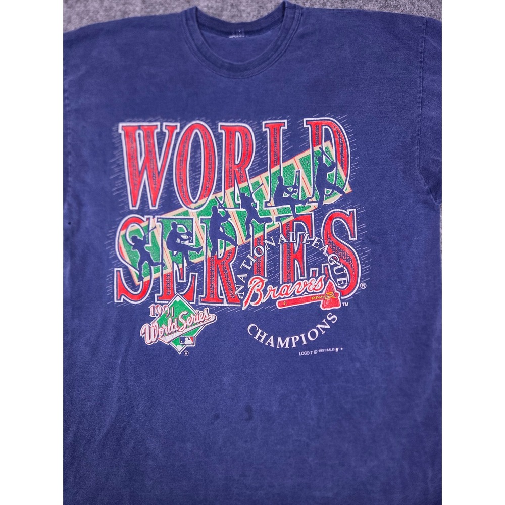 Vintage Atlanta Braves T-Shirt Mens XL Logo 7 Blue 1991 World Series Champions
